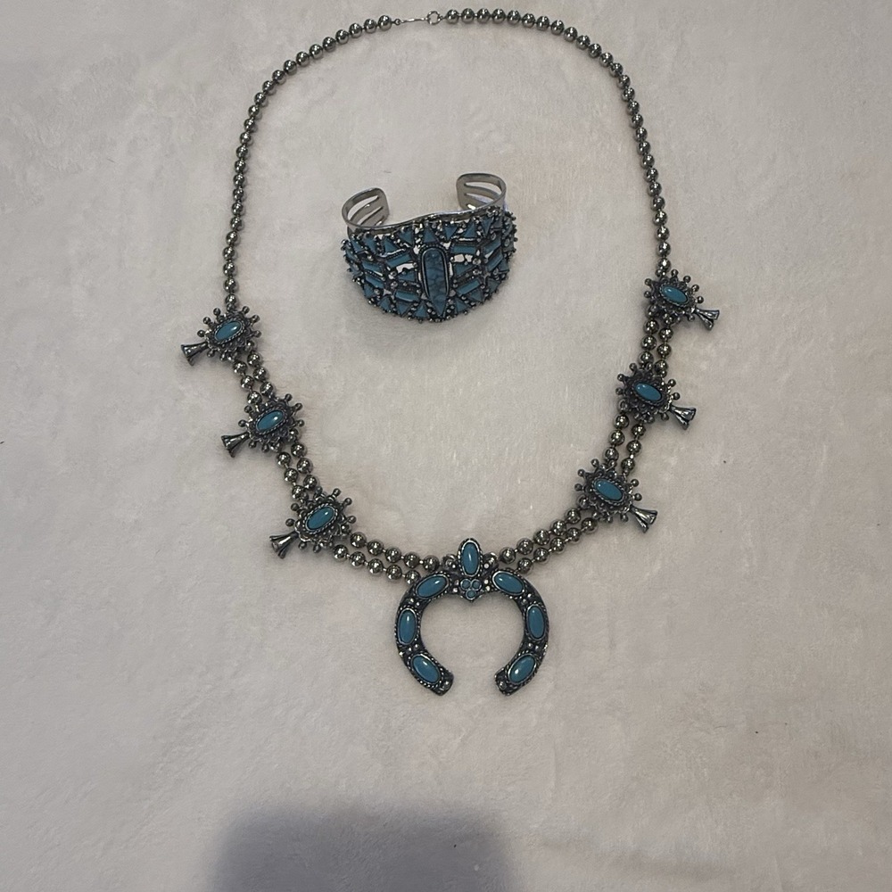 Southwestern‎ Faux Turquoise Squash Blossom Necklace Cuff Bracelet Jewelry Set